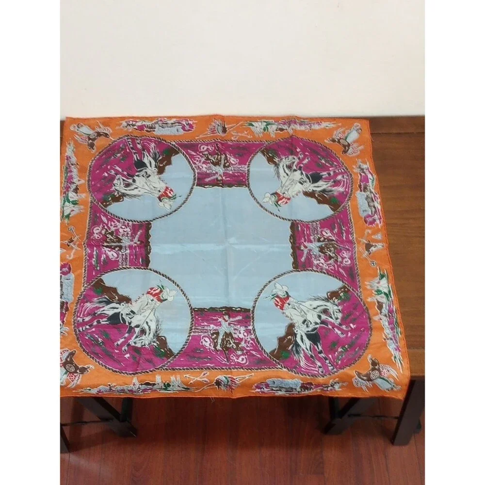 Novelty Print Western Cowboy Bucking Bronco Themed Silk Scarf - Vintage!